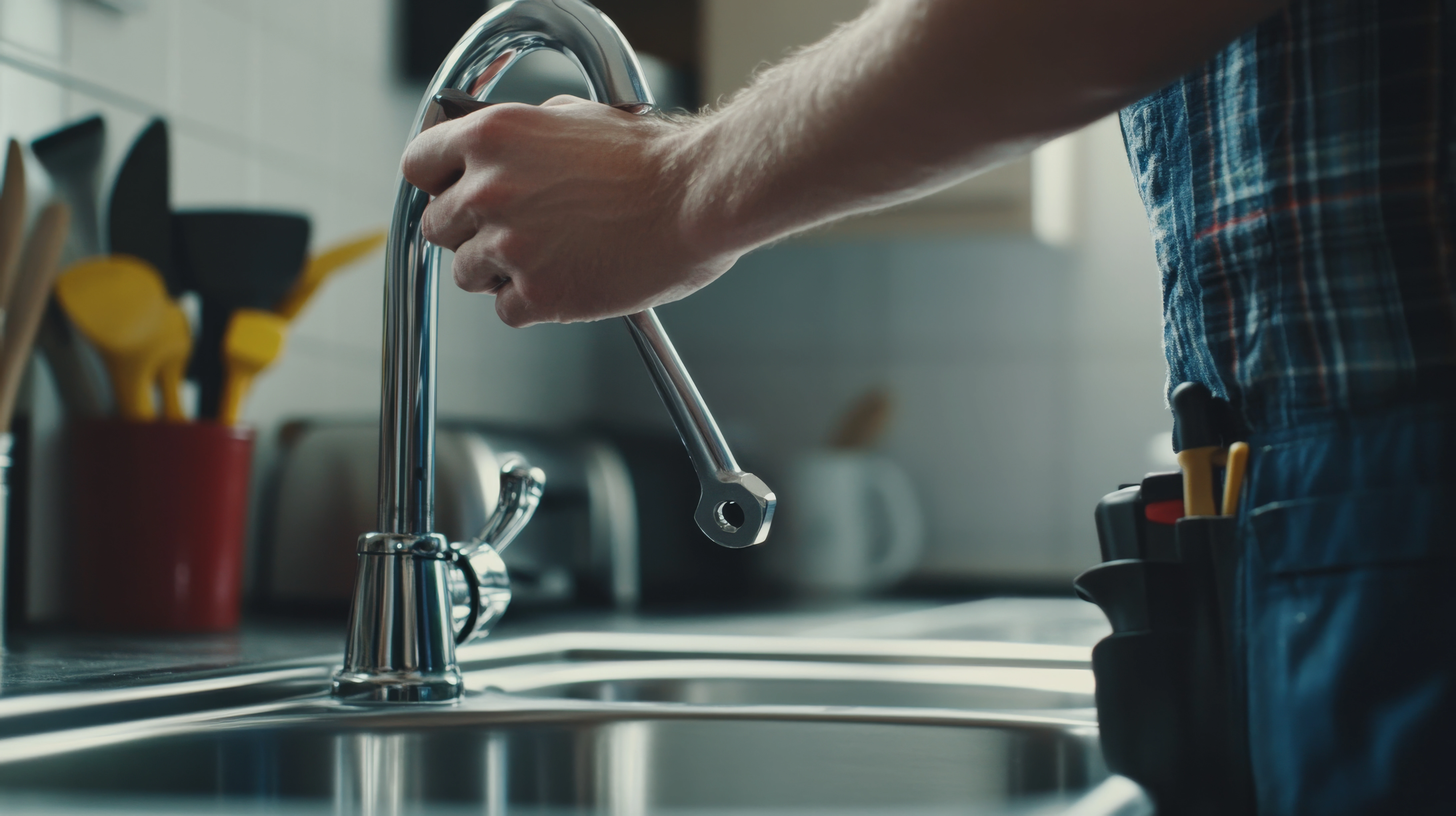 A man is fixing a kitchen faucet in a kitchen.