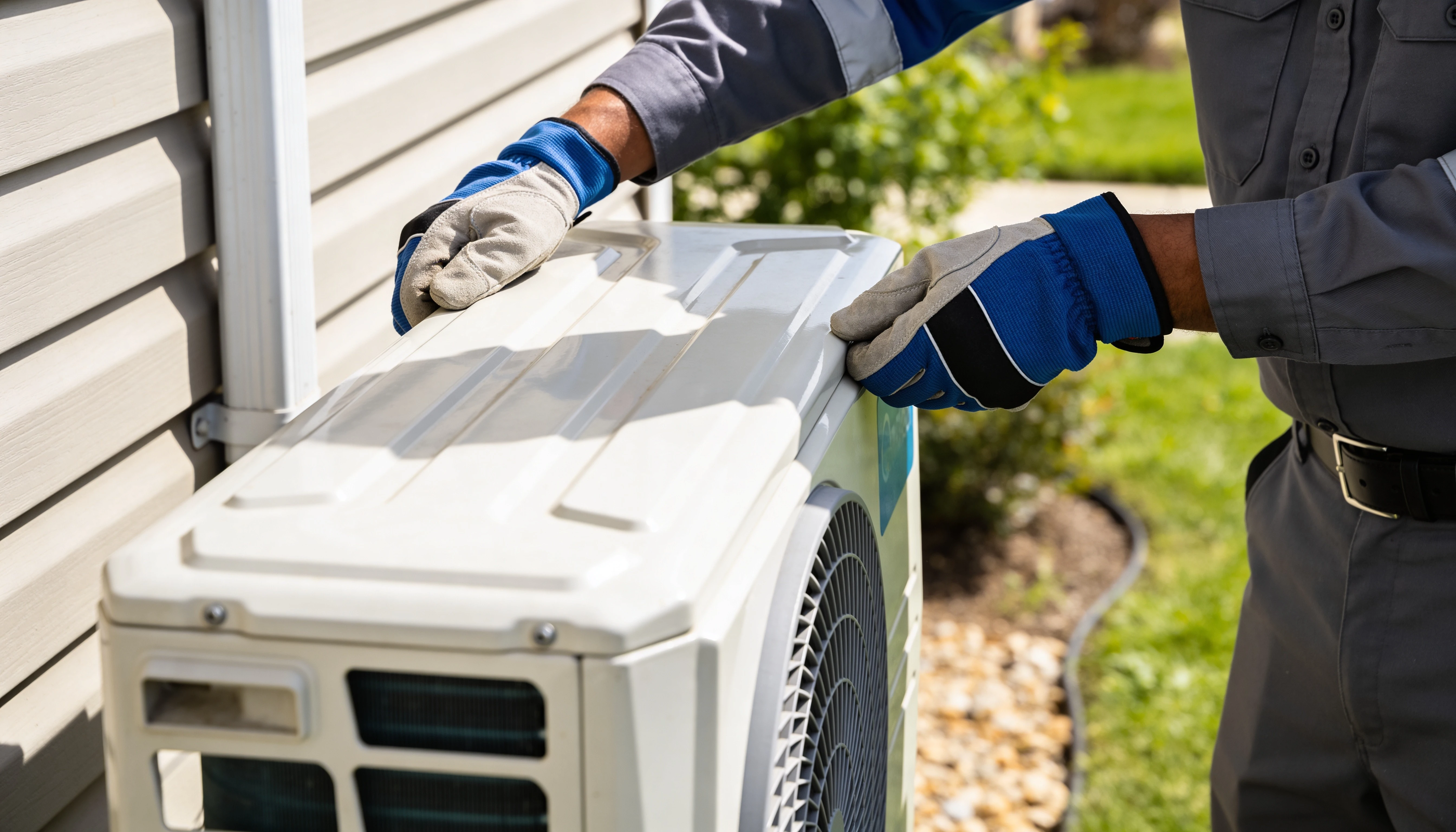 A man in a gray shirt and blue gloves working on an air conditioner.